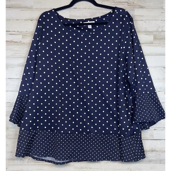 Kim Rogers Womens Blouse 2X Blue Dots Flared Sleeves Flowing Soft - Picture 1 of 7